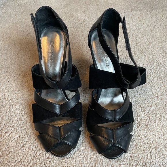 BCBGirls Black Leather Peep Toe Heels - Size 6 - Picture 2 of 4